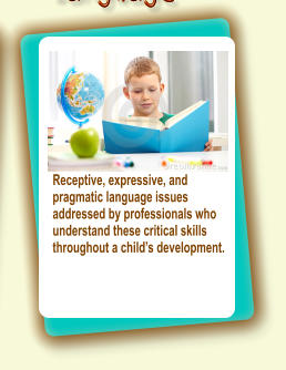 Services for children with speech articulation challenges, oral motor issues or delayed speech.  More.... Receptive, expressive, and pragmatic language issues  addressed by professionals who understand these critical skills throughout a childs development.
